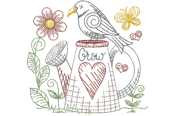 Primitive Grow Crow Embroidery Design