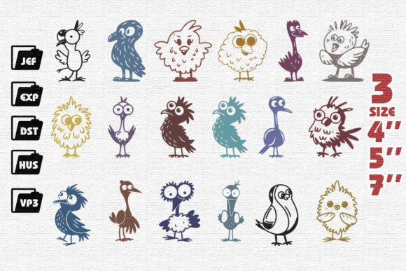 Set of 18 Funny Bird Embroidery